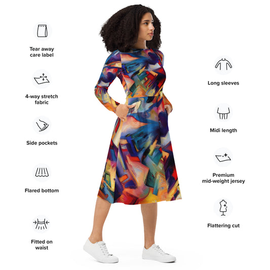 DMV 0308 Abstract Art All-over print long sleeve midi dress