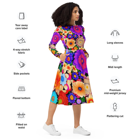 DMV 0309 Floral All-over print long sleeve midi dress