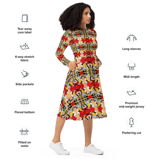 DMV 0203 Vintage Artsy All-over print long sleeve midi dress