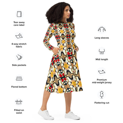 DMV 0204 Vintage Artsy All-over print long sleeve midi dress