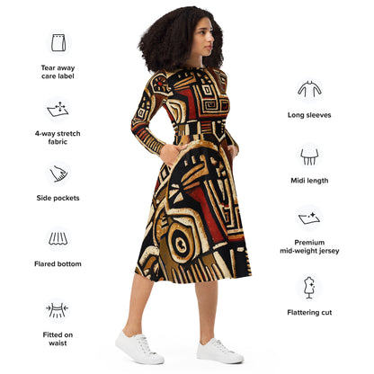 DMV 1521 Retro Art All-over print long sleeve midi dress