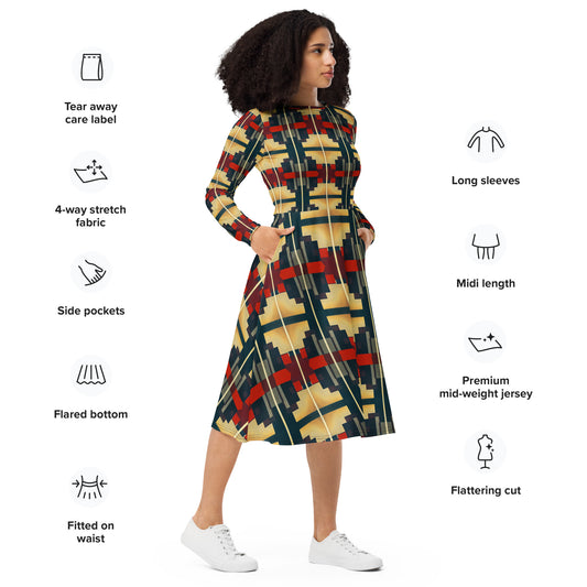 DMV 0186 Geo Boho All-over print long sleeve midi dress