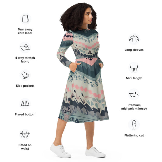 DMV 0306 Boho All-over print long sleeve midi dress