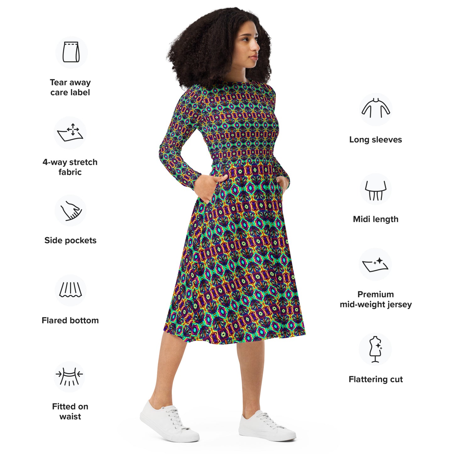 DMV 1465 Psy Artsy All-over print long sleeve midi dress