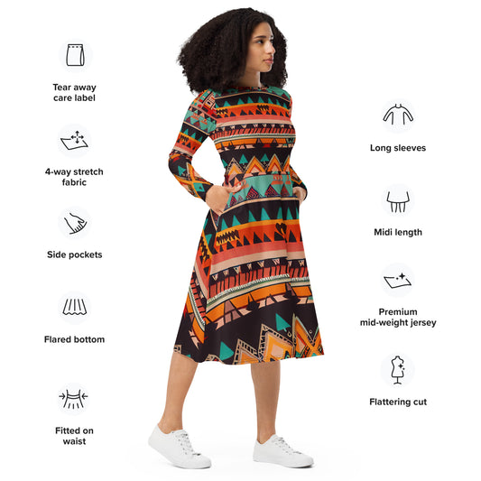 DMV 0415 Boho All-over print long sleeve midi dress