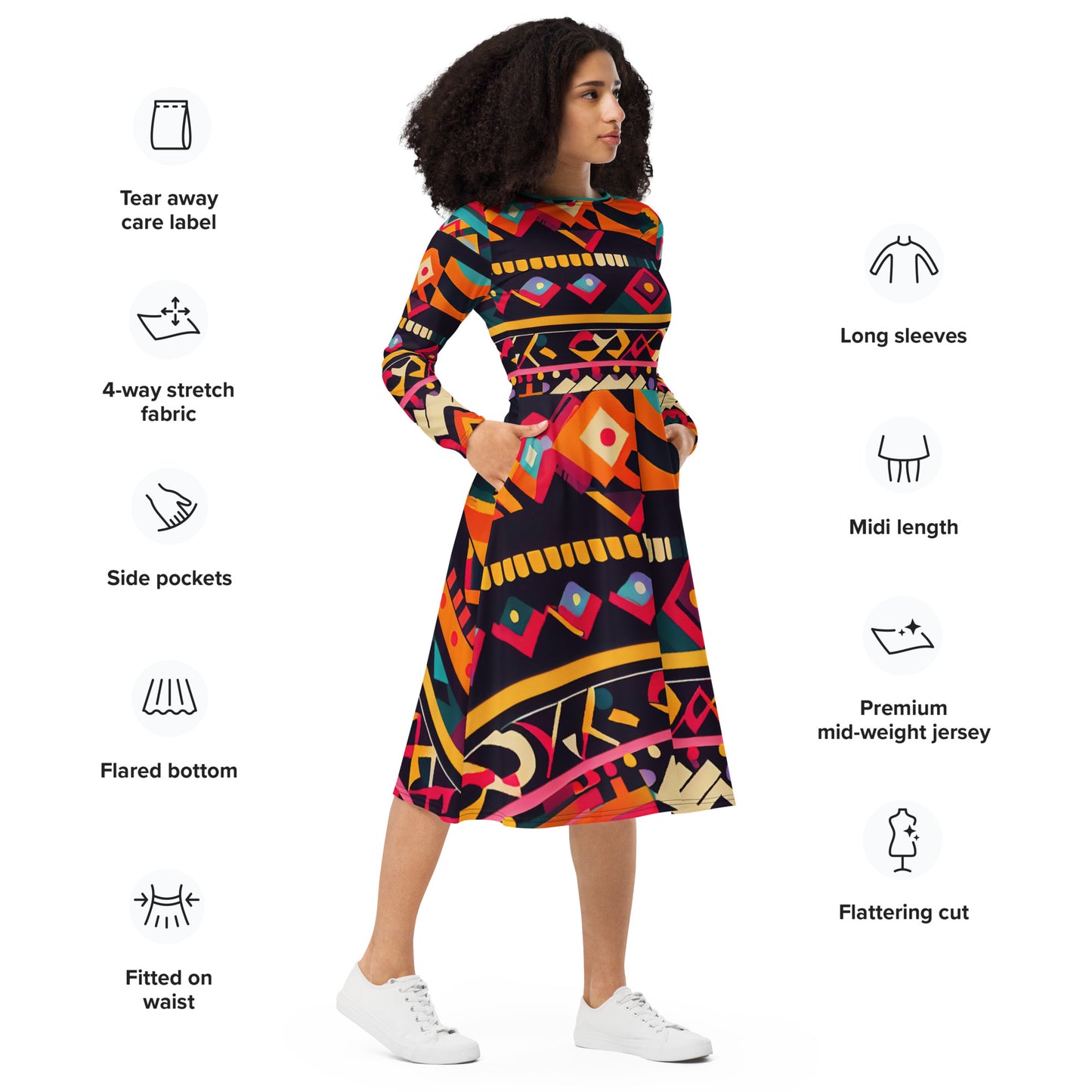 DMV 0409 Boho All-over print long sleeve midi dress