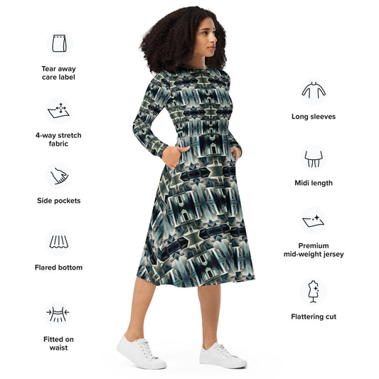 DMV 0414 Conceptual Artsy All-over print long sleeve midi dress