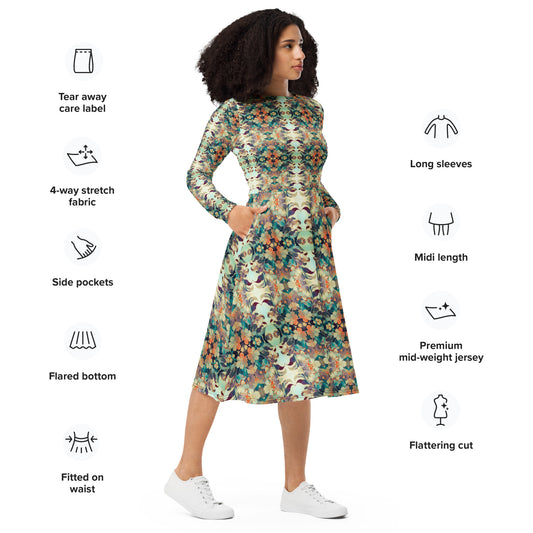 DMV 0408 Chic Boho All-over print long sleeve midi dress