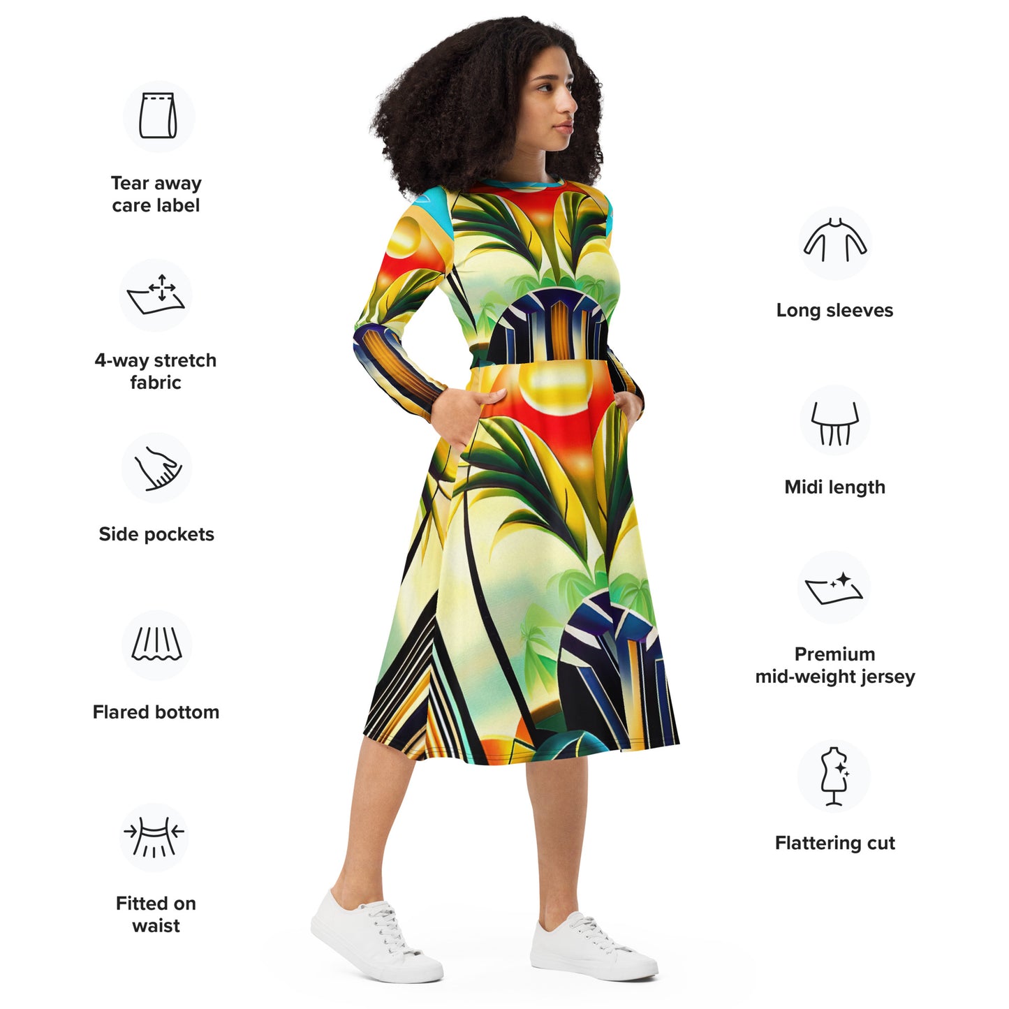 DMV 0258 Retro Art All-over print long sleeve midi dress