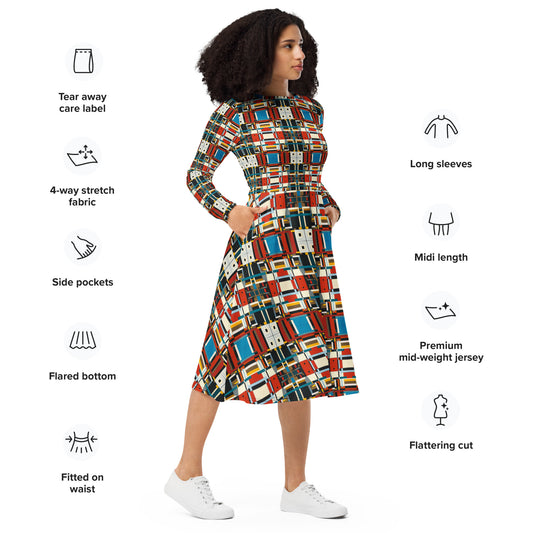 DMV 0410 Geo Boho All-over print long sleeve midi dress