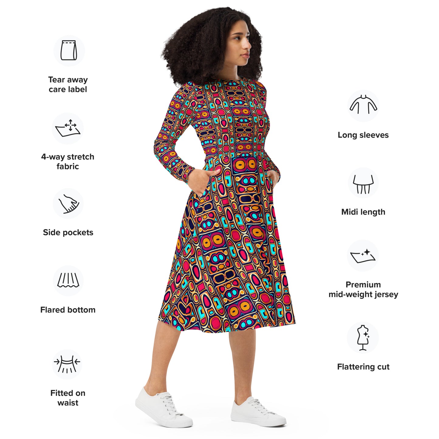 DMV 0185 Vintage Artsy All-over print long sleeve midi dress