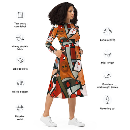 DMV 0522 Retro Art All-over print long sleeve midi dress