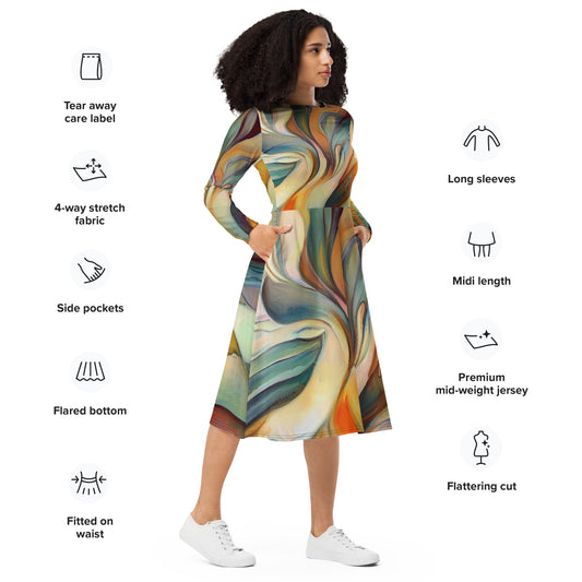 DMV 1890 Abstract Art All-over print long sleeve midi dress