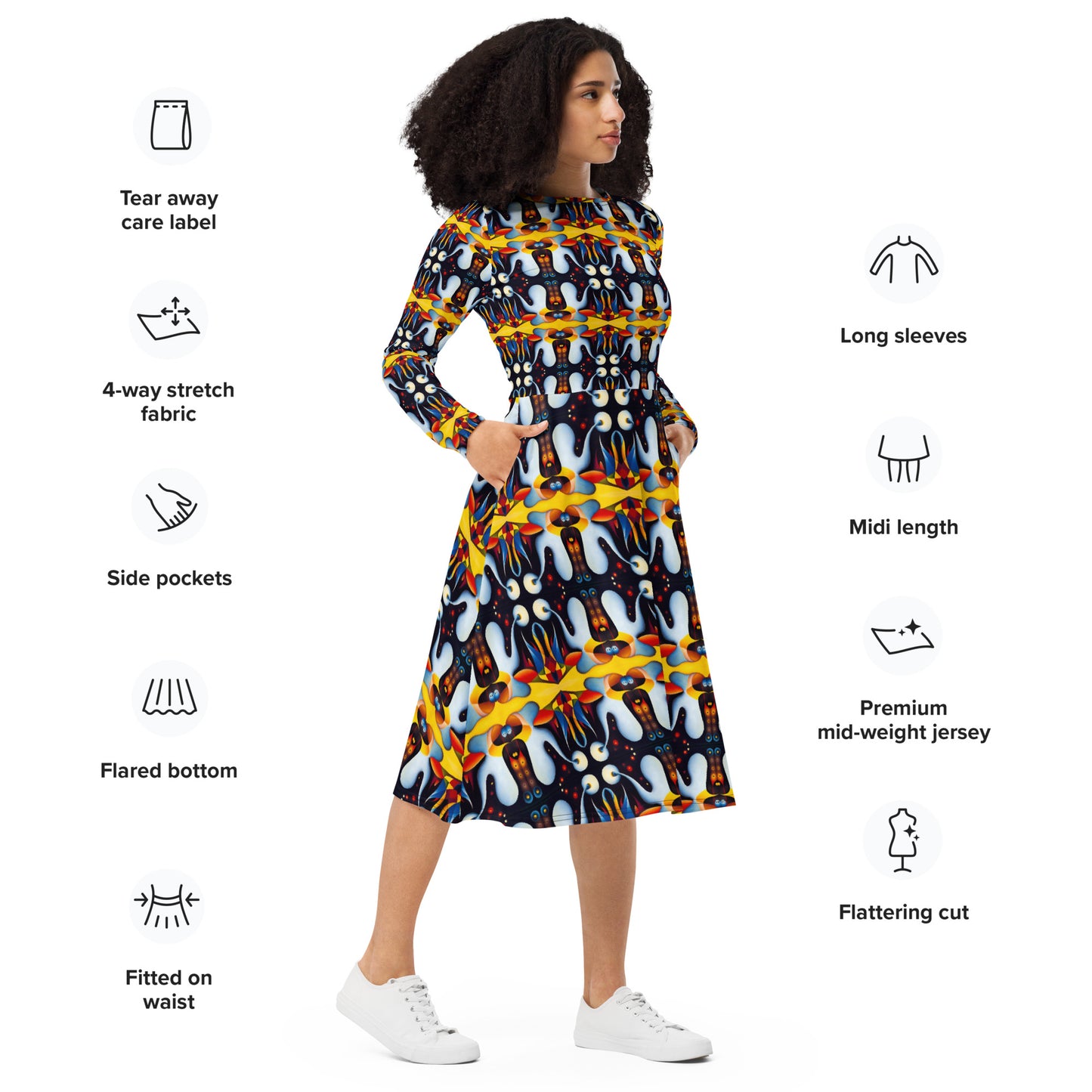 DMV 1314 Vintage Artsy All-over print long sleeve midi dress