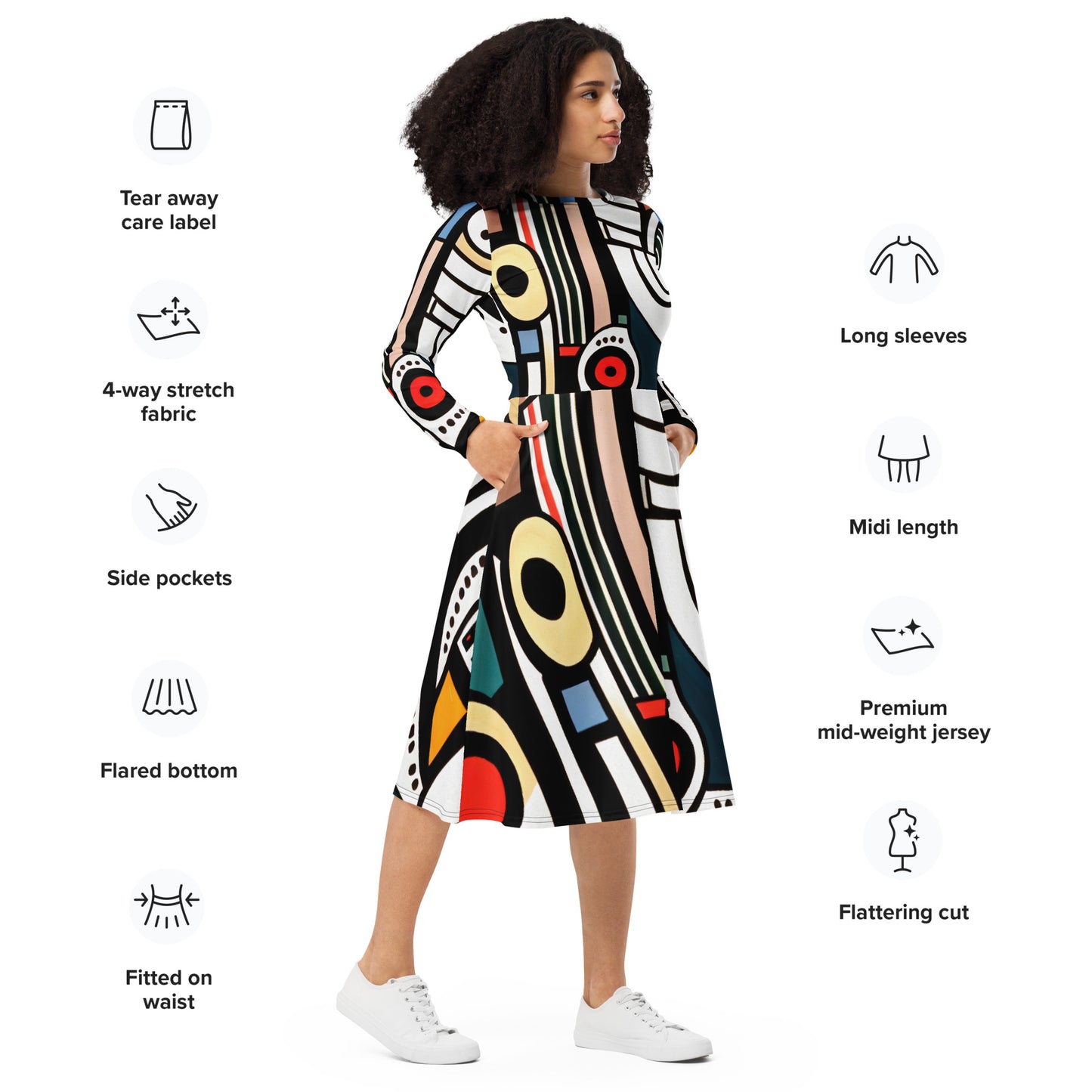 DMV 0460 Boho All-over print long sleeve midi dress