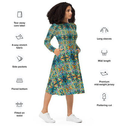 DMV 0588 Chic Boho All-over print long sleeve midi dress