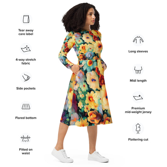 DMV 0477 Floral All-over print long sleeve midi dress