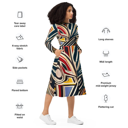 DMV 1607 Boho All-over print long sleeve midi dress