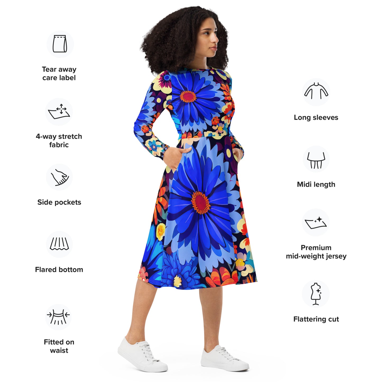 DMV 1301 Floral All-over print long sleeve midi dress