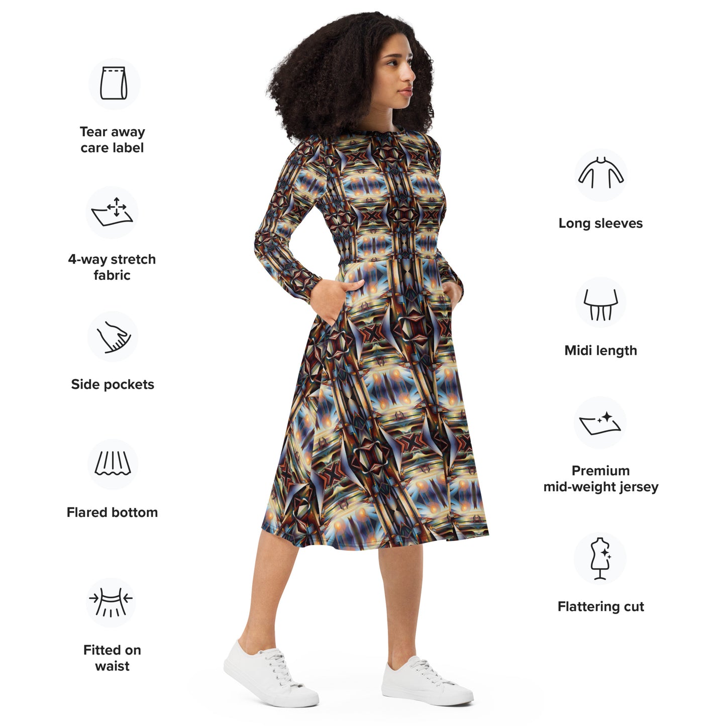 DMV 2100 Conceptual Artsy All-over print long sleeve midi dress