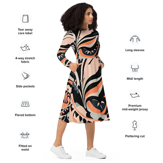 DMV 1066 Boho All-over print long sleeve midi dress