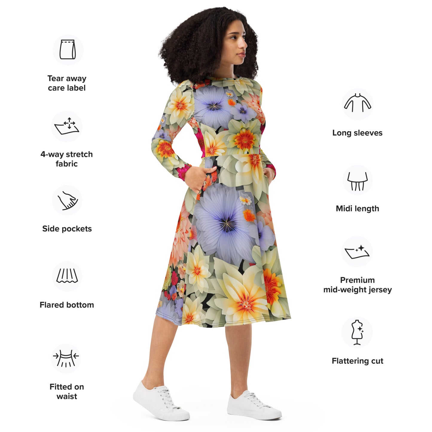 DMV 0894 Floral All-over print long sleeve midi dress