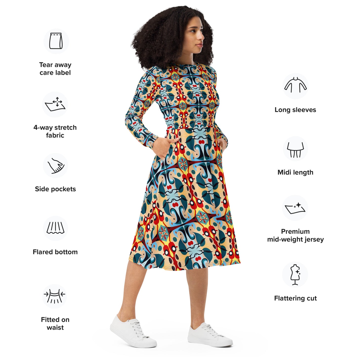 DMV 1430 Vintage Artsy All-over print long sleeve midi dress