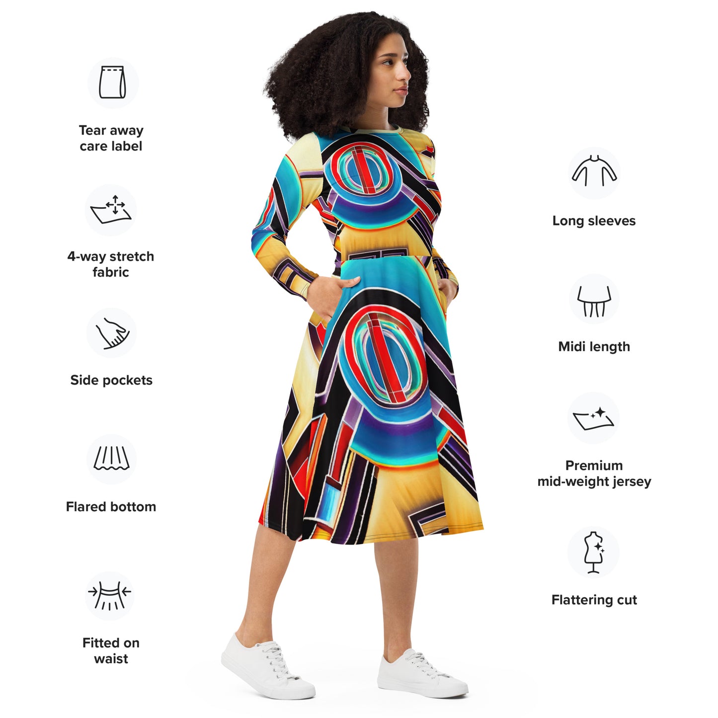 DMV 0572 Retro Art All-over print long sleeve midi dress