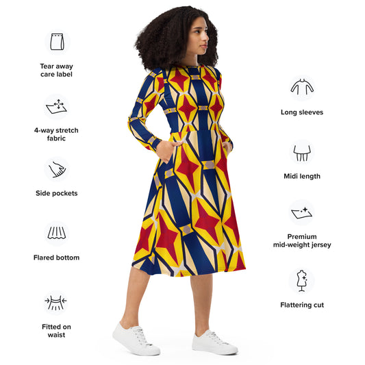 DMV 1615 Classic Boho All-over print long sleeve midi dress